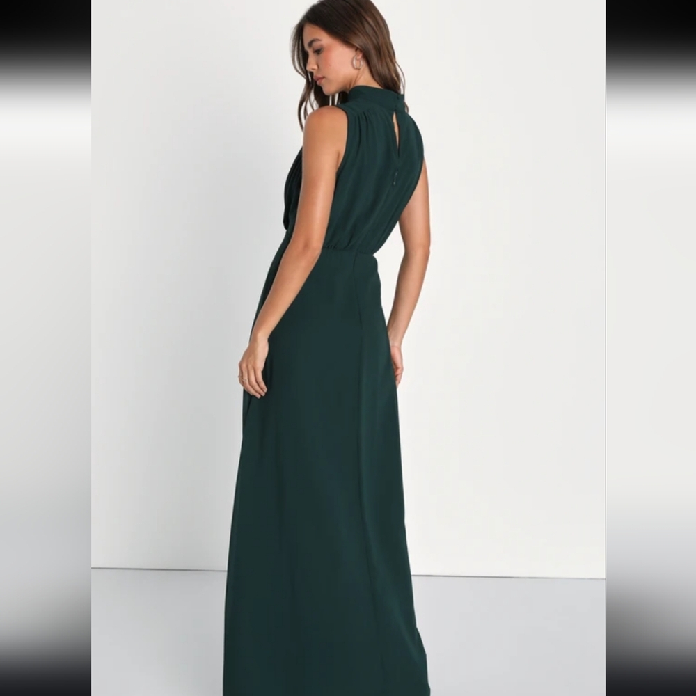Lulus Classic Elegance Emerald Chiffon Sleeveless Mock Neck Maxi Dress - Picture 5 of 6